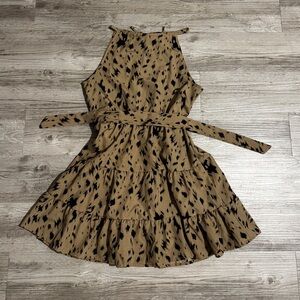 Sleeveless Tan Tiered Mini Dress with Black Abstract Spots
